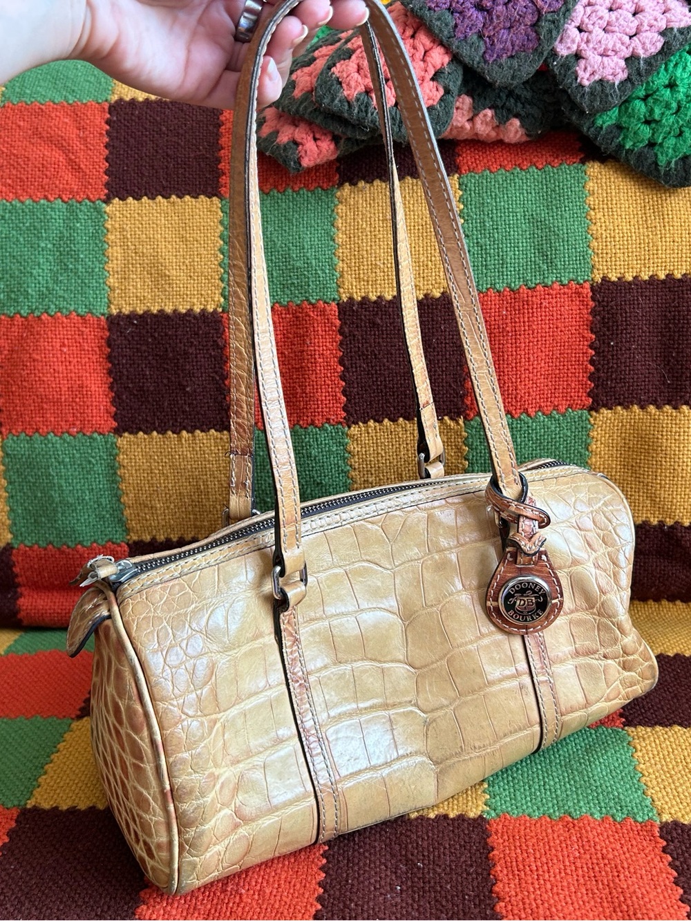 Vintage Dooney & Bourke Nile Collection croc-embossed leather tan barrel bag